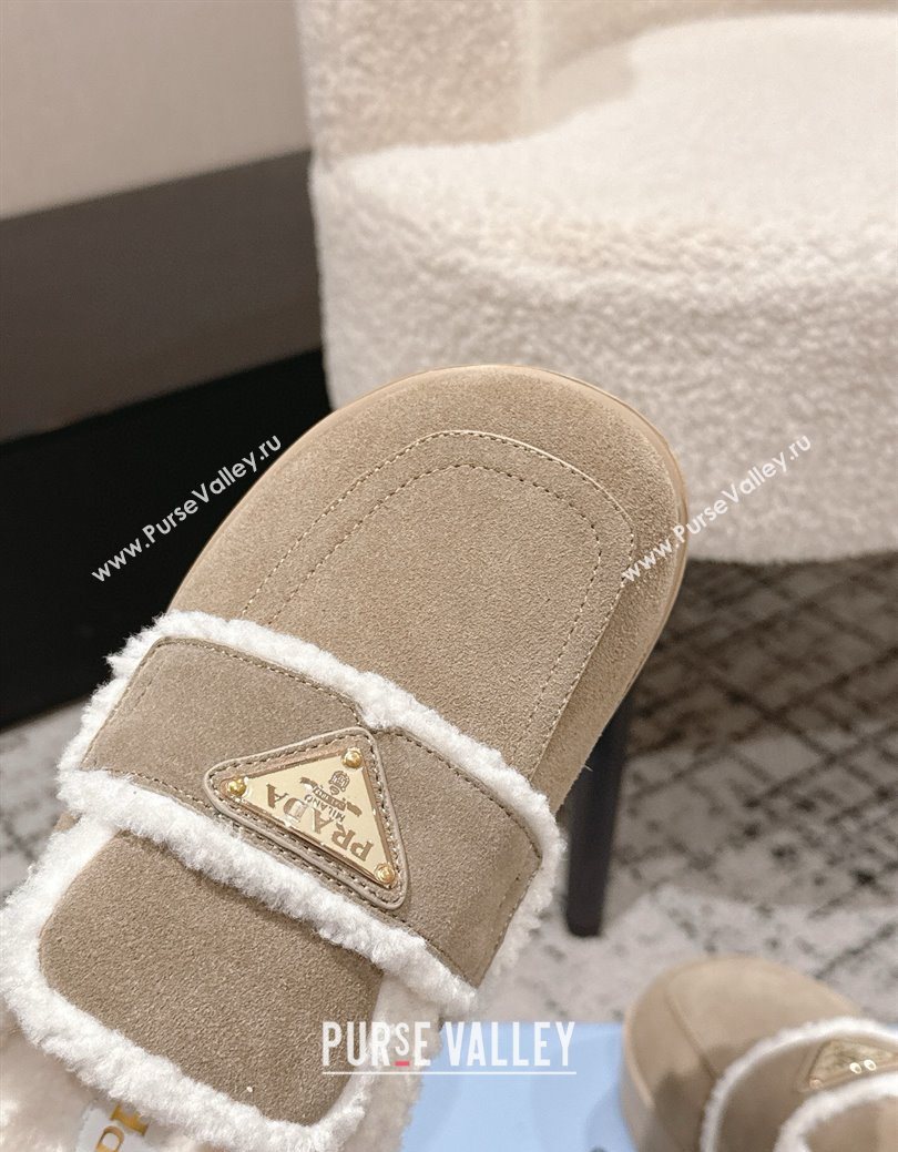 Prada Suede and Shearling Platform Mules 4cm Taupe 2025 PR101107 (HQG-251027018)