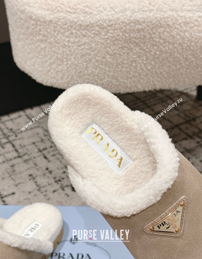Prada Suede and Shearling Flat Mules Taupe 2025 PR102702 (HQG-251027029)