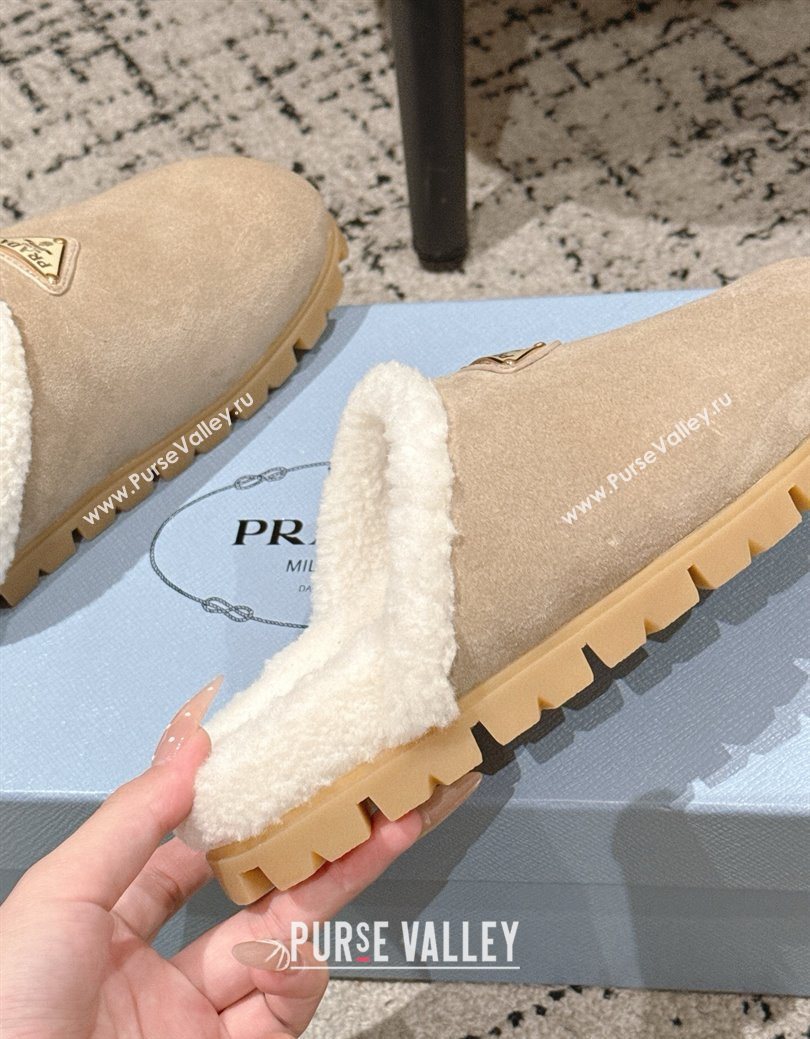 Prada Suede and Shearling Flat Mules Taupe 2025 PR102702 (HQG-251027029)