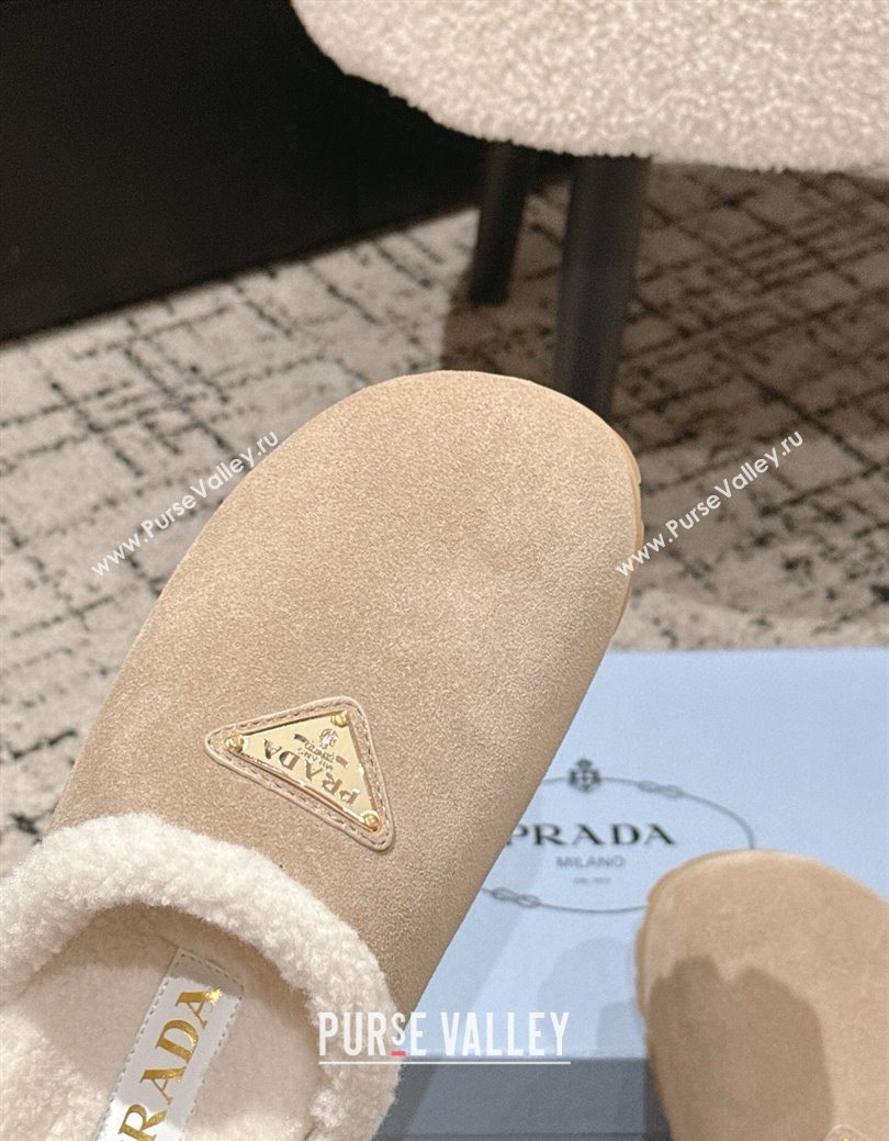 Prada Suede and Shearling Flat Mules Taupe 2025 PR102702 (HQG-251027029)