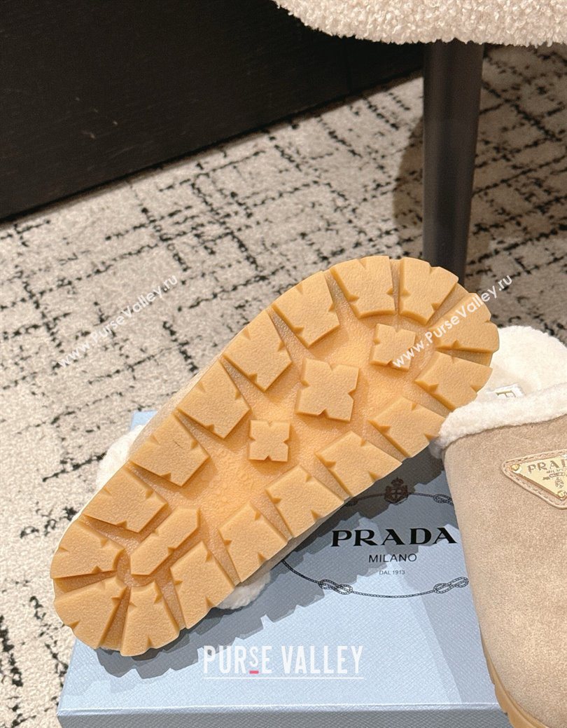 Prada Suede and Shearling Flat Mules Taupe 2025 PR102702 (HQG-251027029)