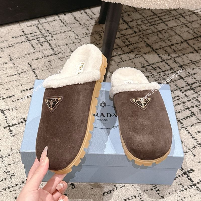 Prada Suede and Shearling Flat Mules Dark Brown 2025 PR102702 (HQG-251027030)
