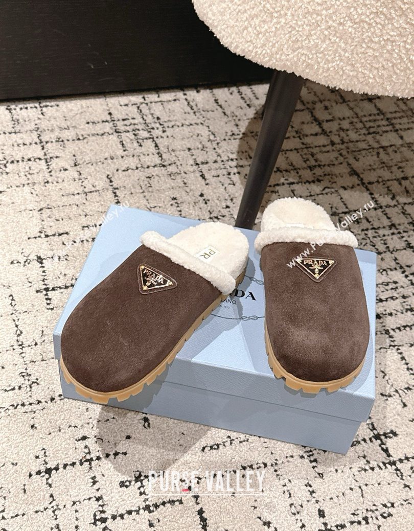 Prada Suede and Shearling Flat Mules Dark Brown 2025 PR102702 (HQG-251027030)