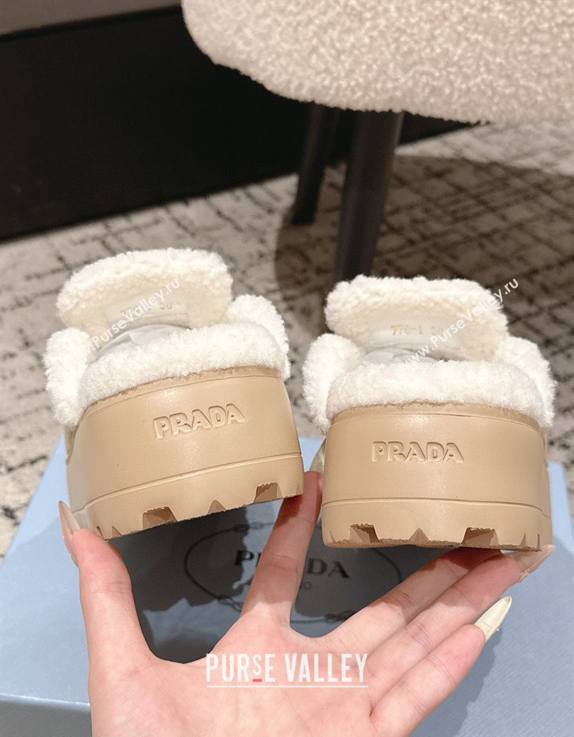 Prada Suede and Shearling Platform Mules 4cm Taupe 2025 PR101107 (HQG-251027018)