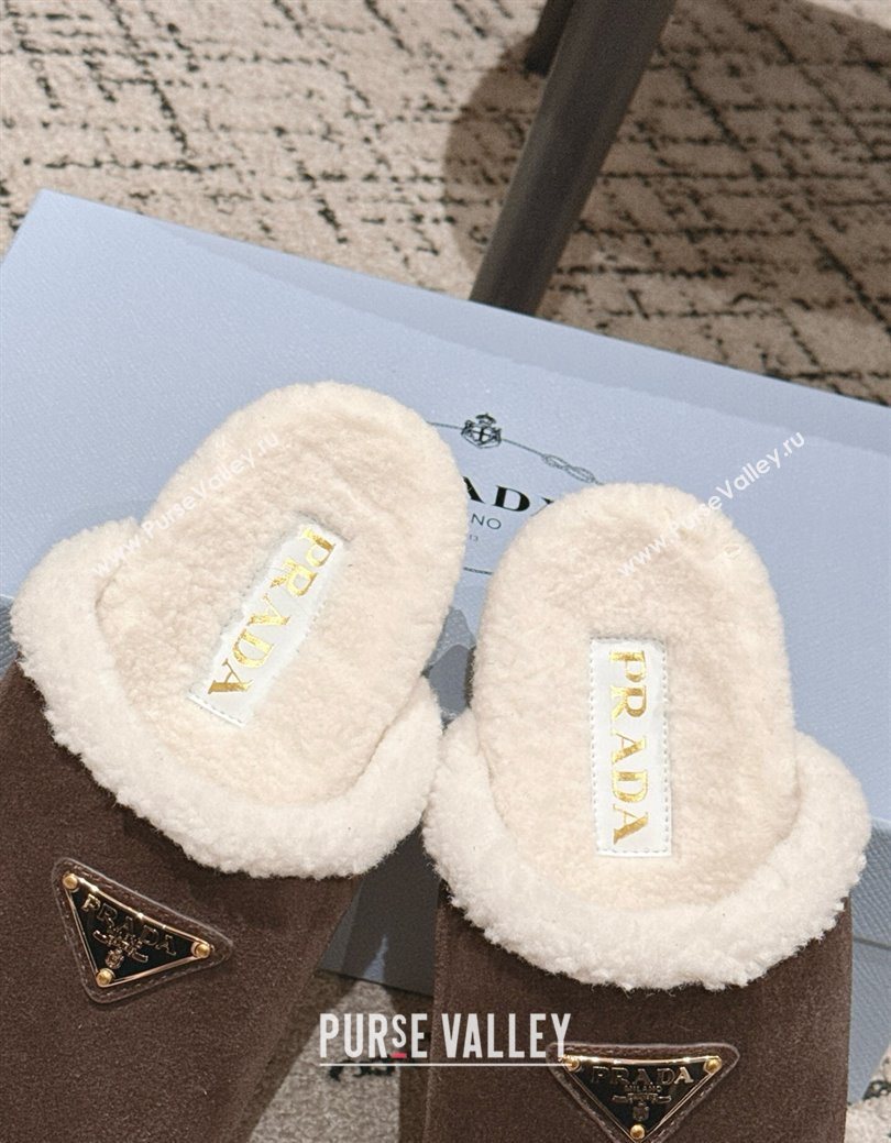 Prada Suede and Shearling Flat Mules Dark Brown 2025 PR102702 (HQG-251027030)