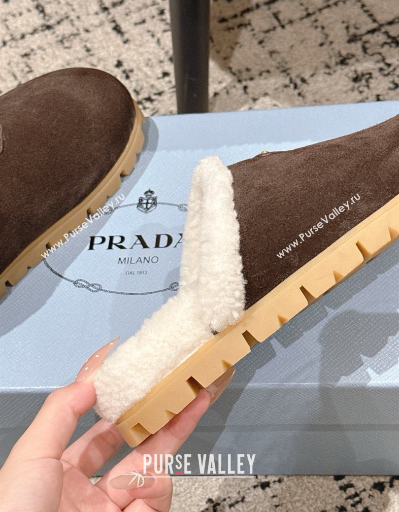 Prada Suede and Shearling Flat Mules Dark Brown 2025 PR102702 (HQG-251027030)