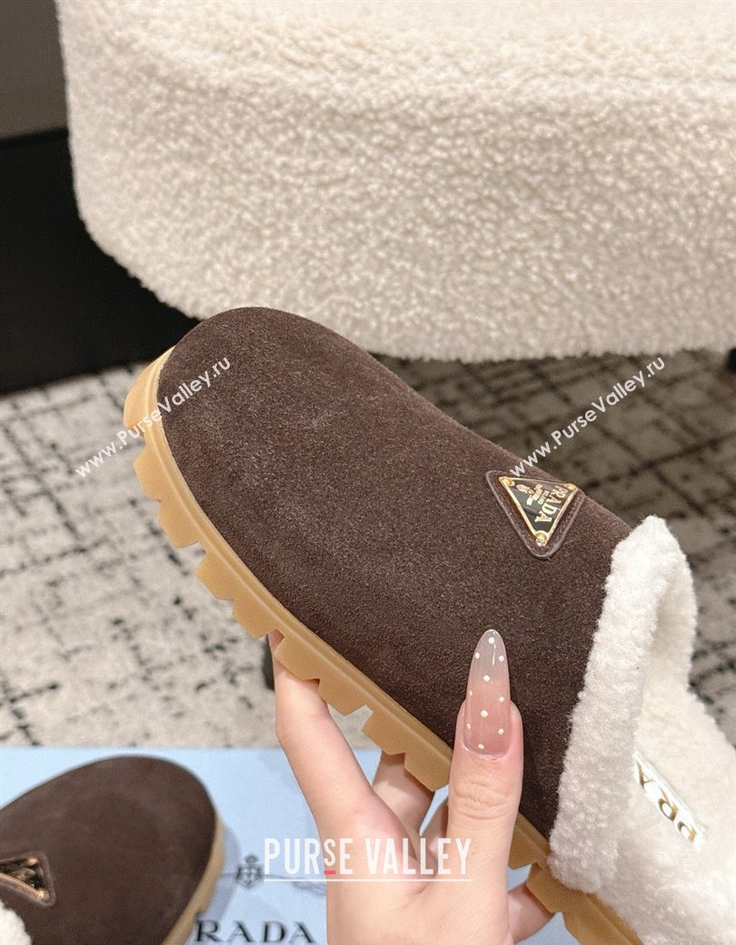Prada Suede and Shearling Flat Mules Dark Brown 2025 PR102702 (HQG-251027030)
