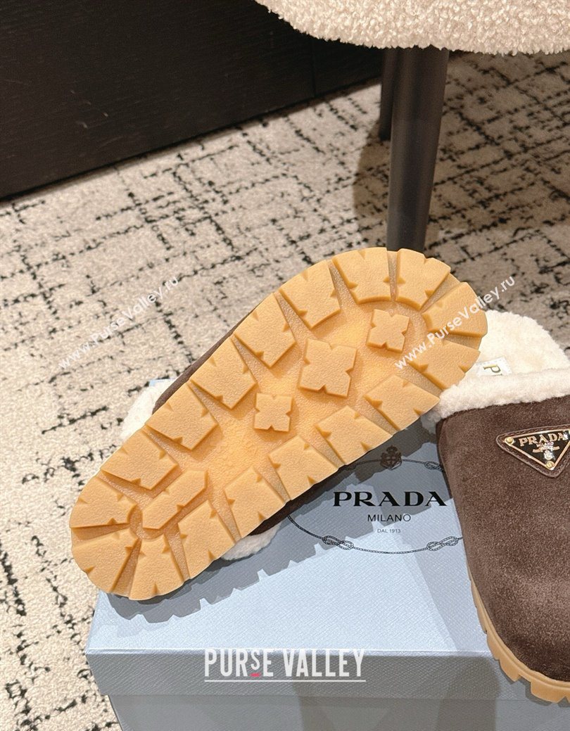 Prada Suede and Shearling Flat Mules Dark Brown 2025 PR102702 (HQG-251027030)