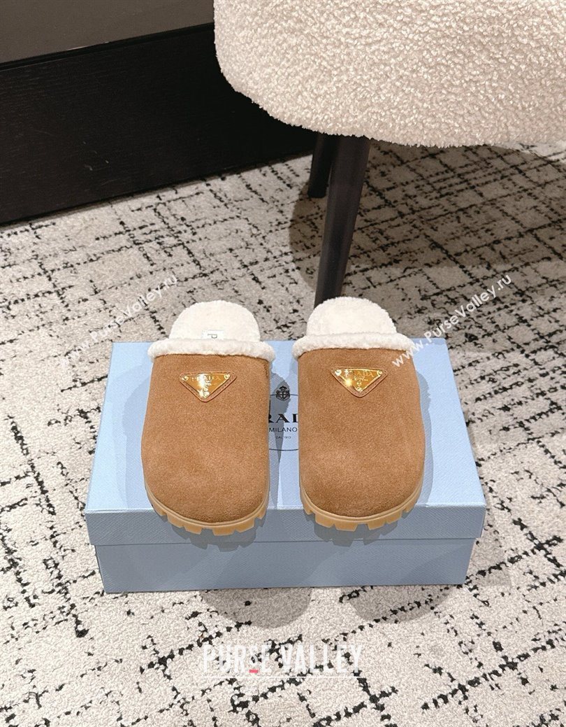 Prada Suede and Shearling Flat Mules Brown2 2025 PR102702 (HQG-251027031)