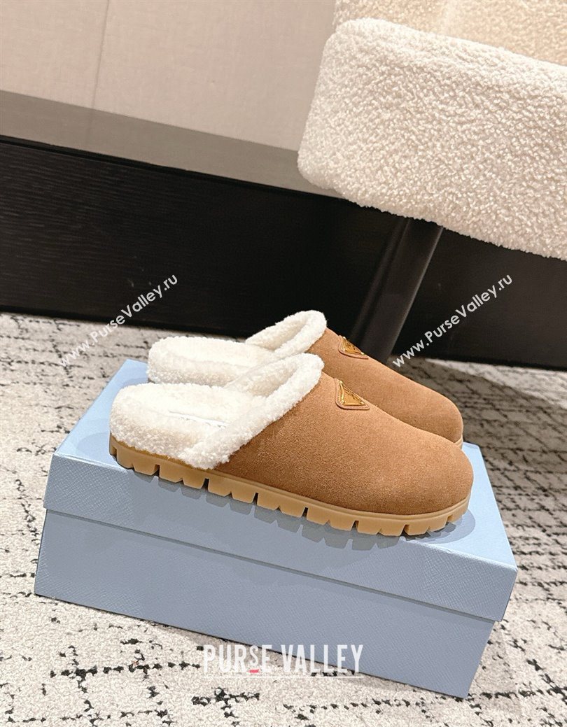 Prada Suede and Shearling Flat Mules Brown2 2025 PR102702 (HQG-251027031)