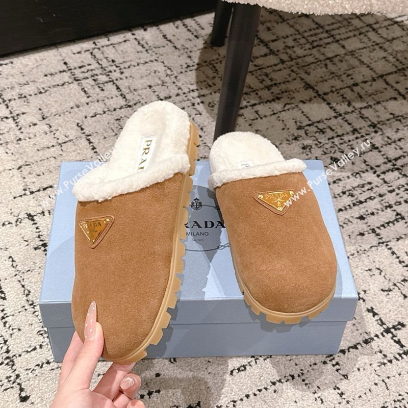 Prada Suede and Shearling Flat Mules Brown2 2025 PR102702 (HQG-251027031)