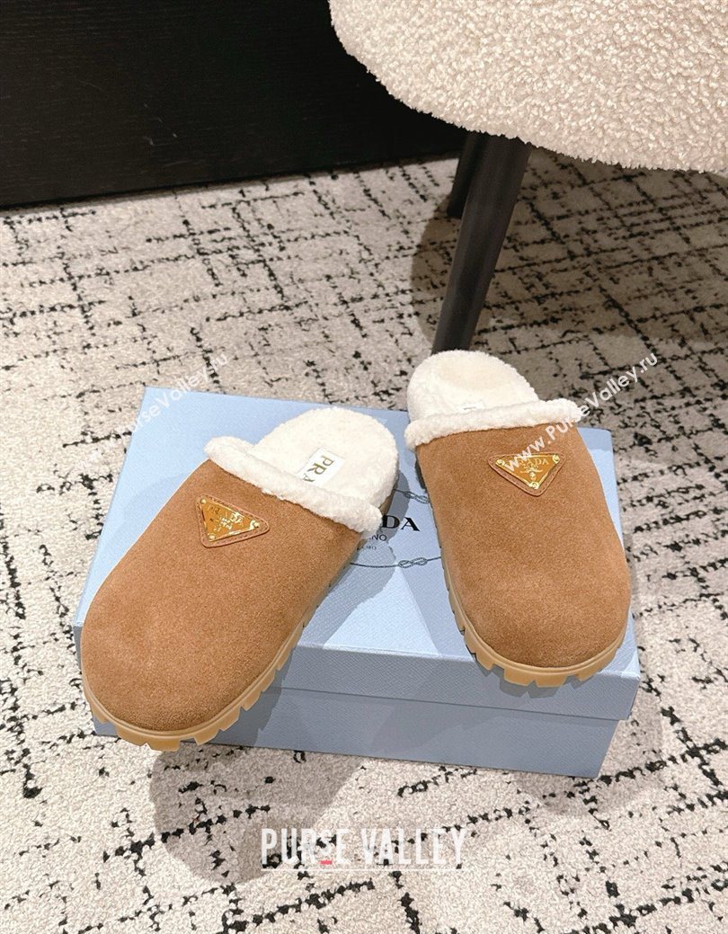 Prada Suede and Shearling Flat Mules Brown2 2025 PR102702 (HQG-251027031)