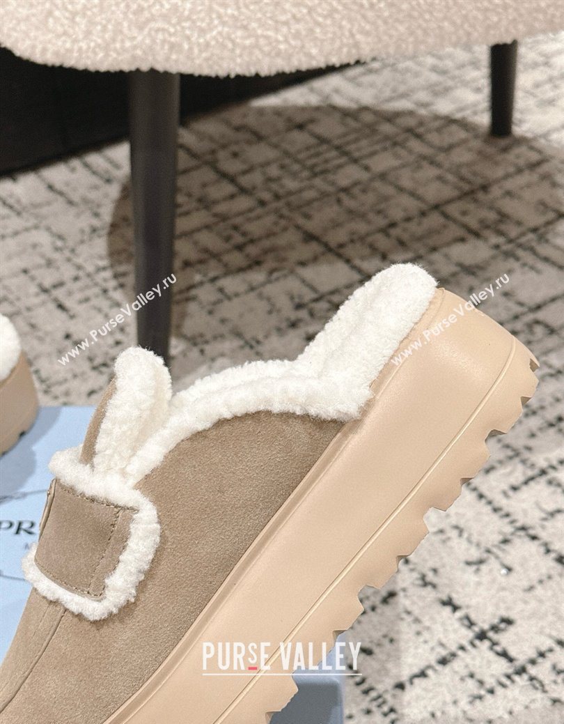 Prada Suede and Shearling Platform Mules 4cm Taupe 2025 PR101107 (HQG-251027018)