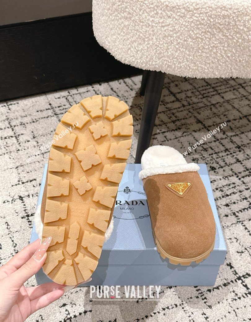 Prada Suede and Shearling Flat Mules Brown2 2025 PR102702 (HQG-251027031)