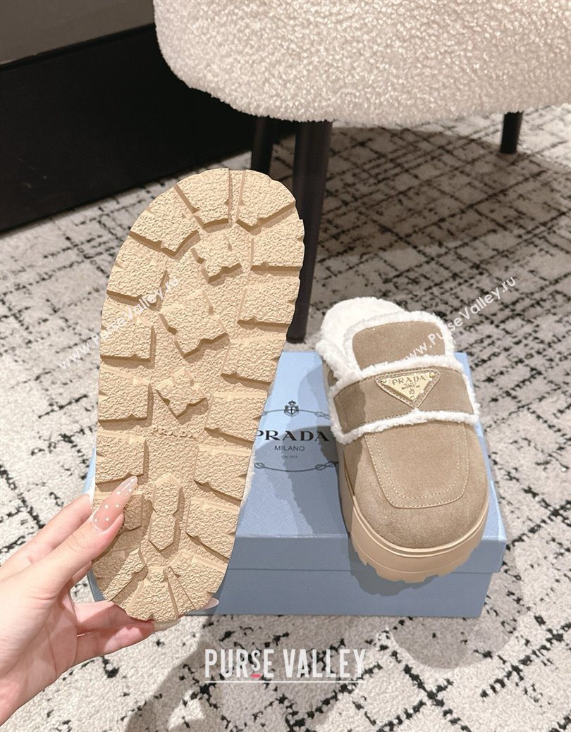 Prada Suede and Shearling Platform Mules 4cm Taupe 2025 PR101107 (HQG-251027018)