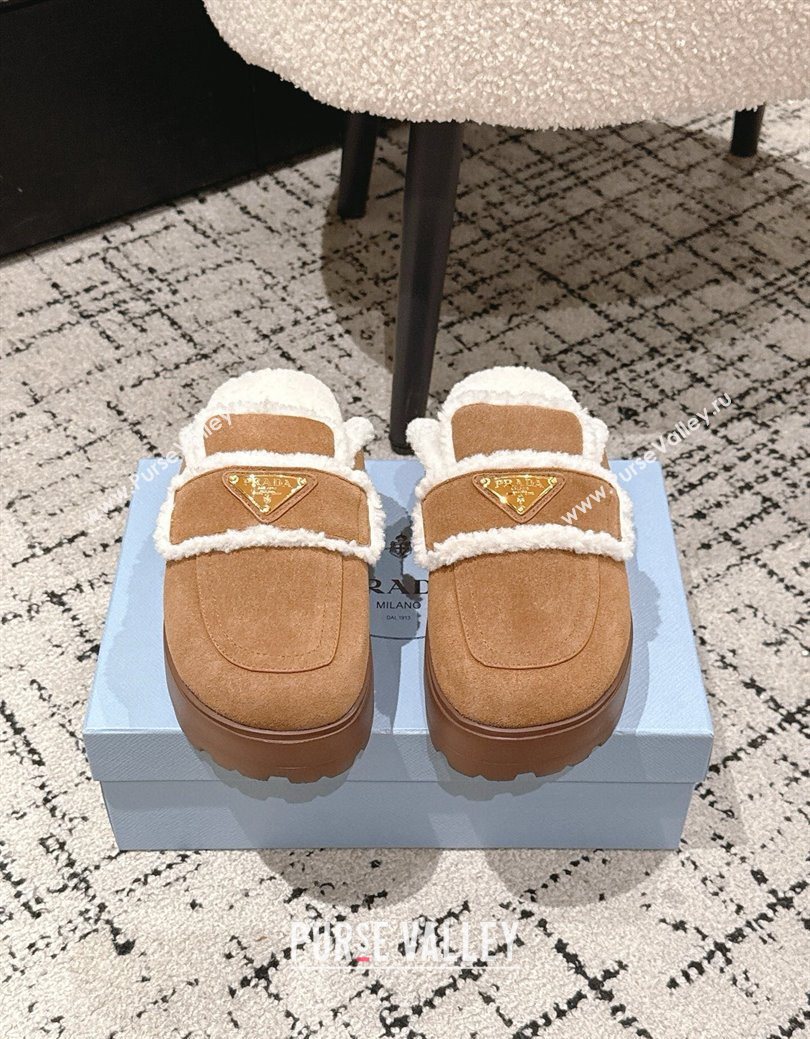 Prada Suede and Shearling Platform Mules 4cm Brown2 2025 PR101107 (HQG-251027019)