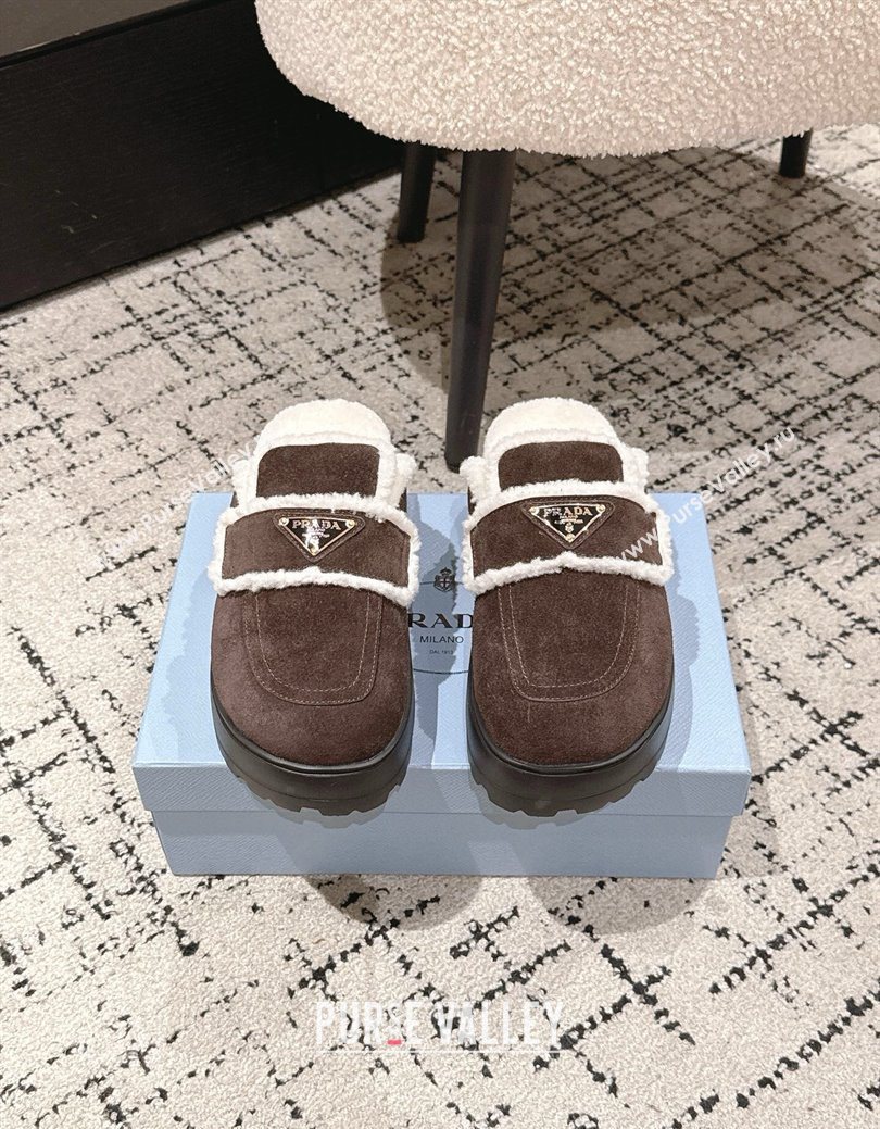 Prada Suede and Shearling Platform Mules 4cm Dark Brown 2025 PR101107 (HQG-251027017)