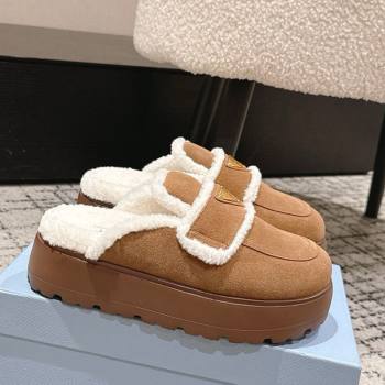 Prada Suede and Shearling Platform Mules 4cm Brown2 2025 PR101107 (HQG-251027019)