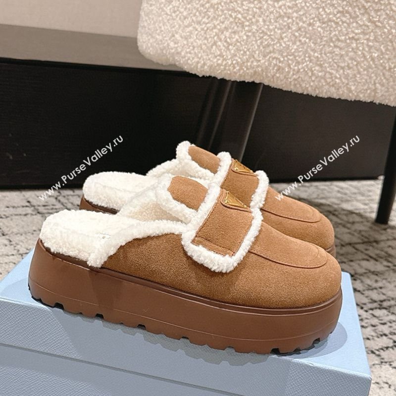 Prada Suede and Shearling Platform Mules 4cm Brown2 2025 PR101107 (HQG-251027019)