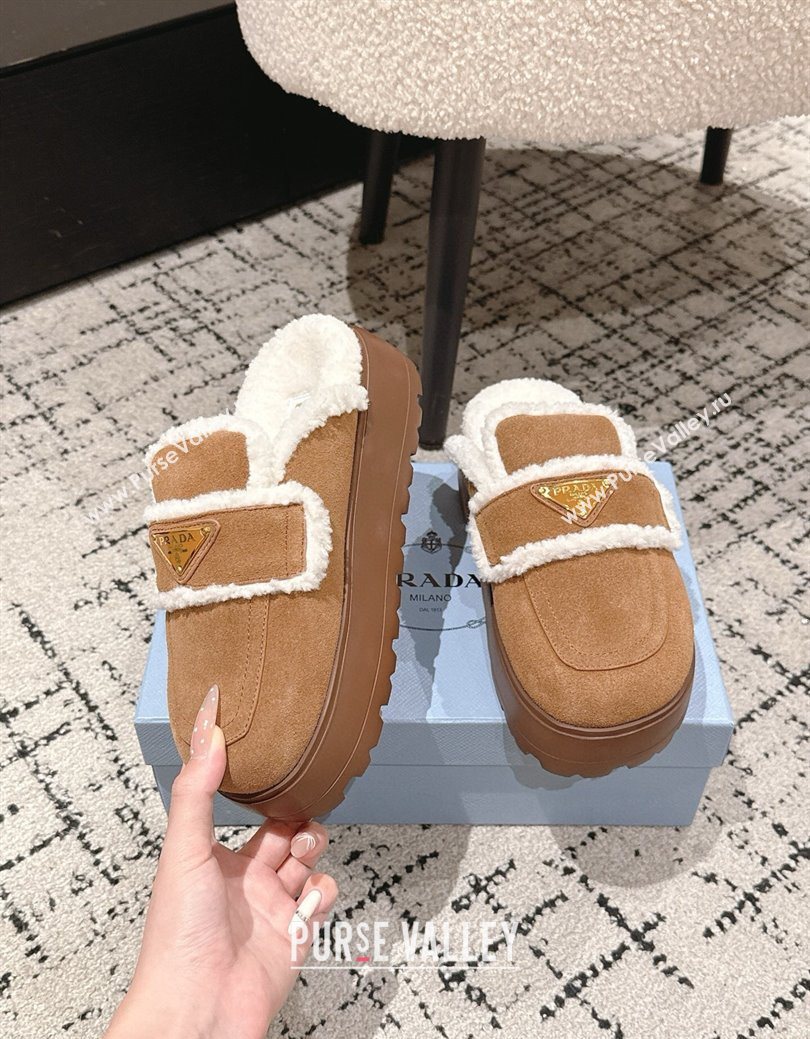 Prada Suede and Shearling Platform Mules 4cm Brown2 2025 PR101107 (HQG-251027019)