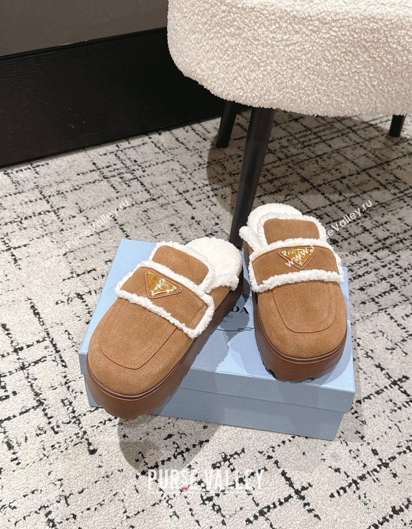 Prada Suede and Shearling Platform Mules 4cm Brown2 2025 PR101107 (HQG-251027019)