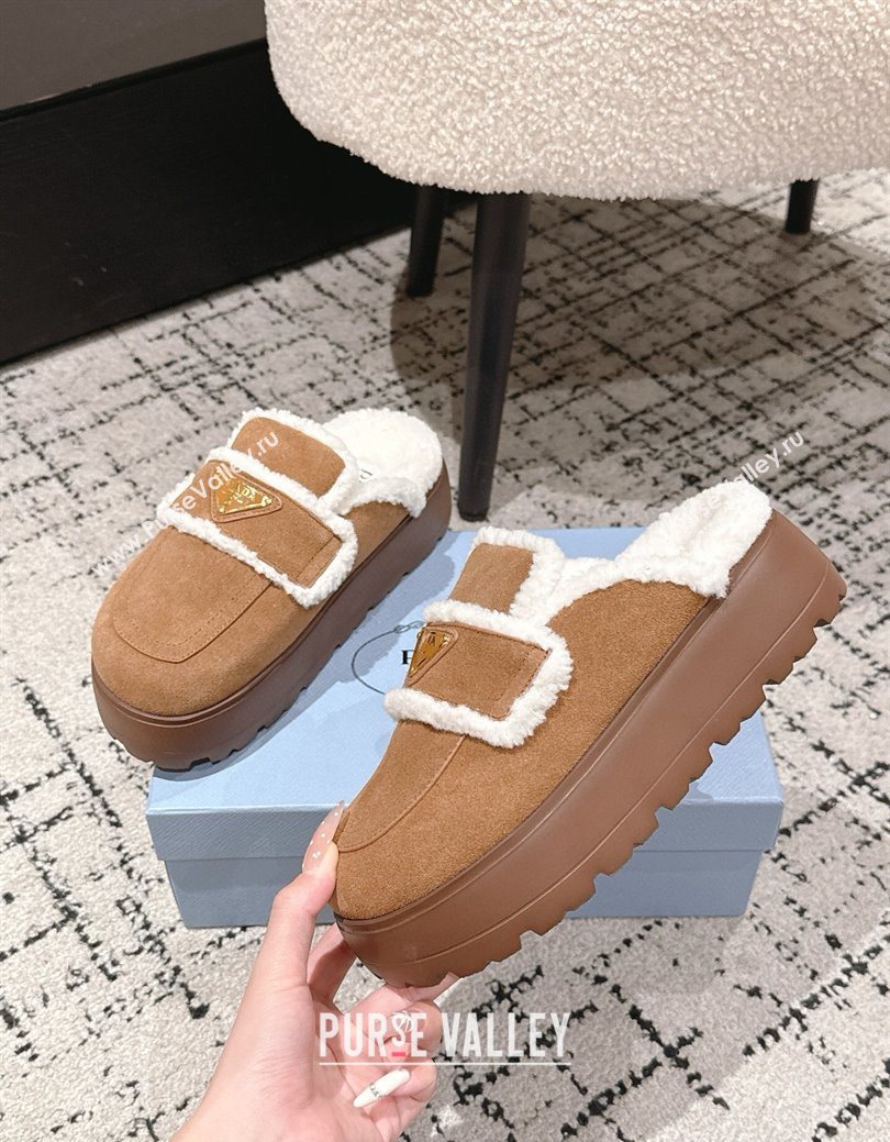 Prada Suede and Shearling Platform Mules 4cm Brown2 2025 PR101107 (HQG-251027019)