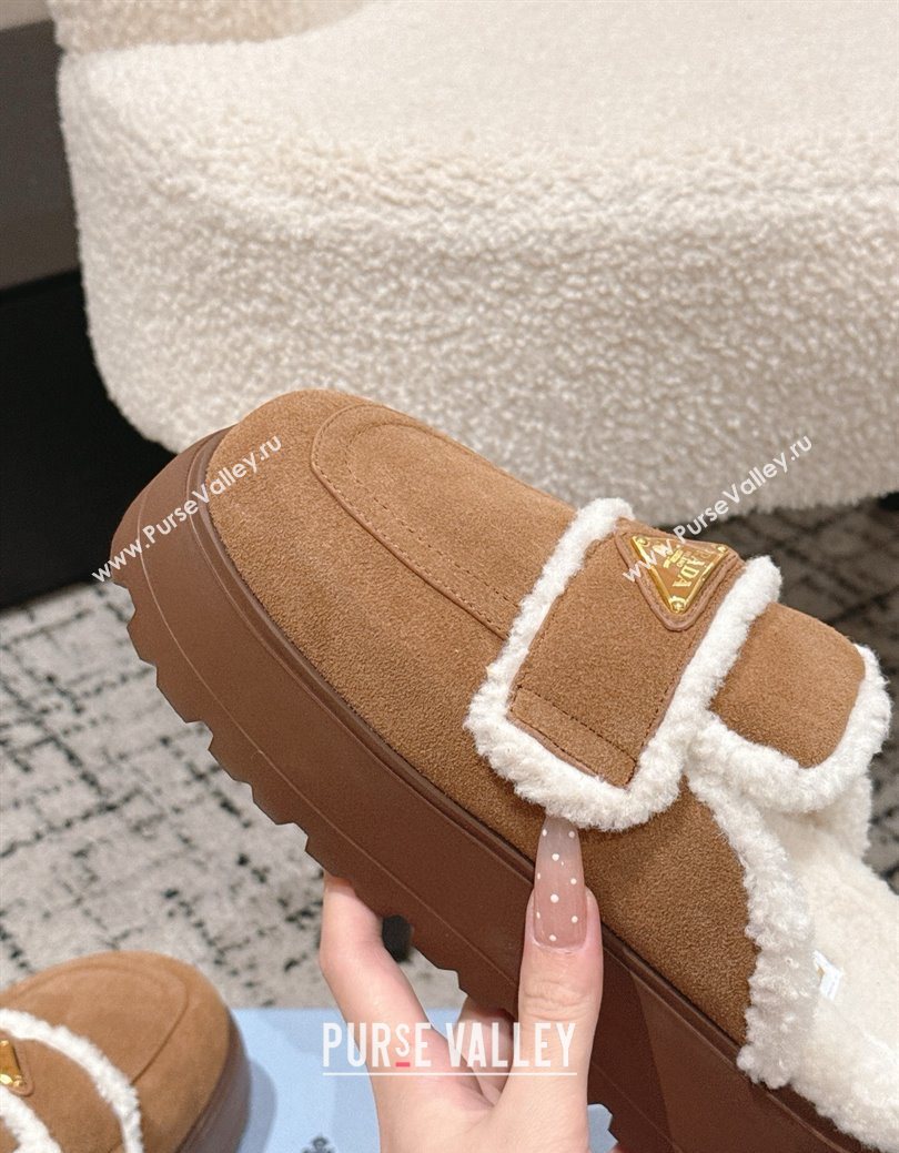 Prada Suede and Shearling Platform Mules 4cm Brown2 2025 PR101107 (HQG-251027019)
