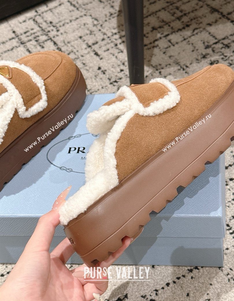 Prada Suede and Shearling Platform Mules 4cm Brown2 2025 PR101107 (HQG-251027019)