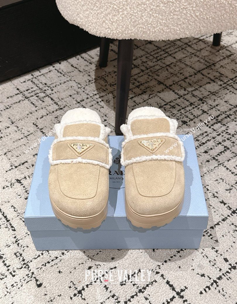 Prada Suede and Shearling Platform Mules 4cm Beige 2025 PR101107 (HQG-251027020)