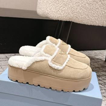 Prada Suede and Shearling Platform Mules 4cm Beige 2025 PR101107 (HQG-251027020)