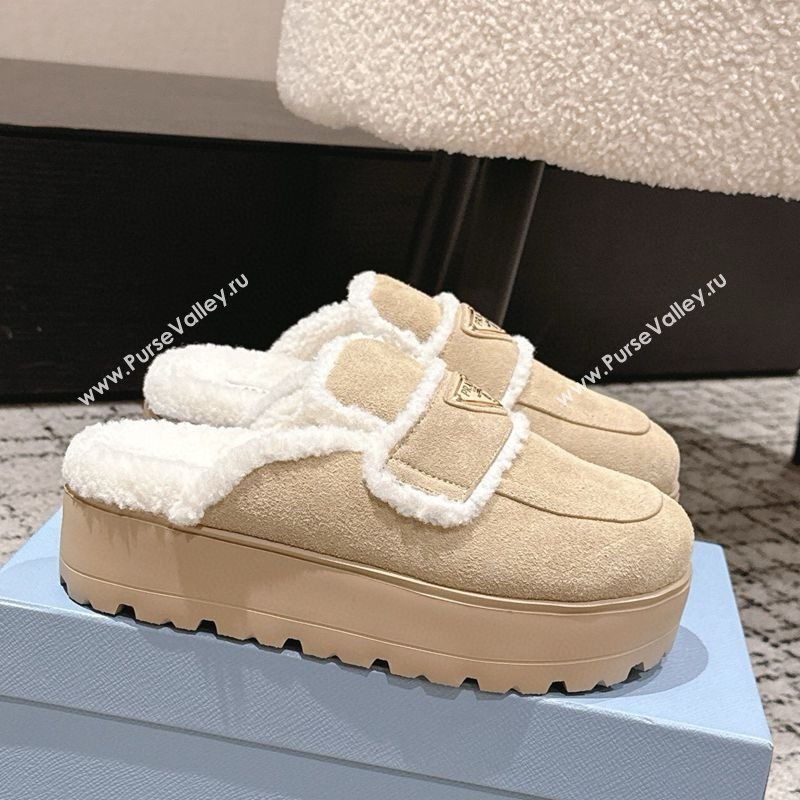 Prada Suede and Shearling Platform Mules 4cm Beige 2025 PR101107 (HQG-251027020)