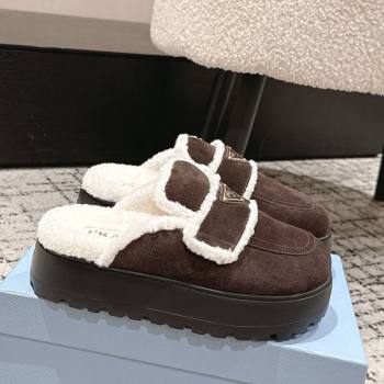 Prada Suede and Shearling Platform Mules 4cm Dark Brown 2025 PR101107 (HQG-251027017)