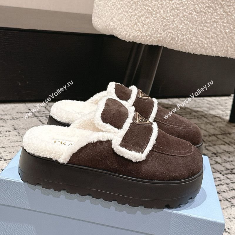 Prada Suede and Shearling Platform Mules 4cm Dark Brown 2025 PR101107 (HQG-251027017)