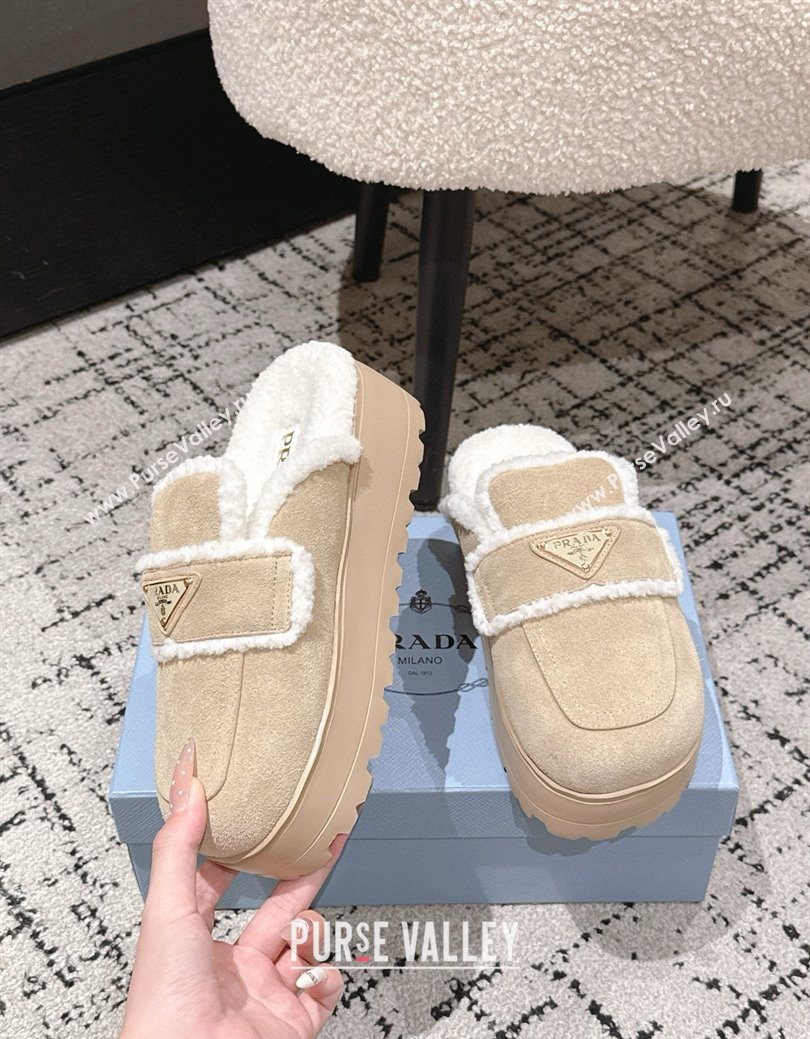Prada Suede and Shearling Platform Mules 4cm Beige 2025 PR101107 (HQG-251027020)
