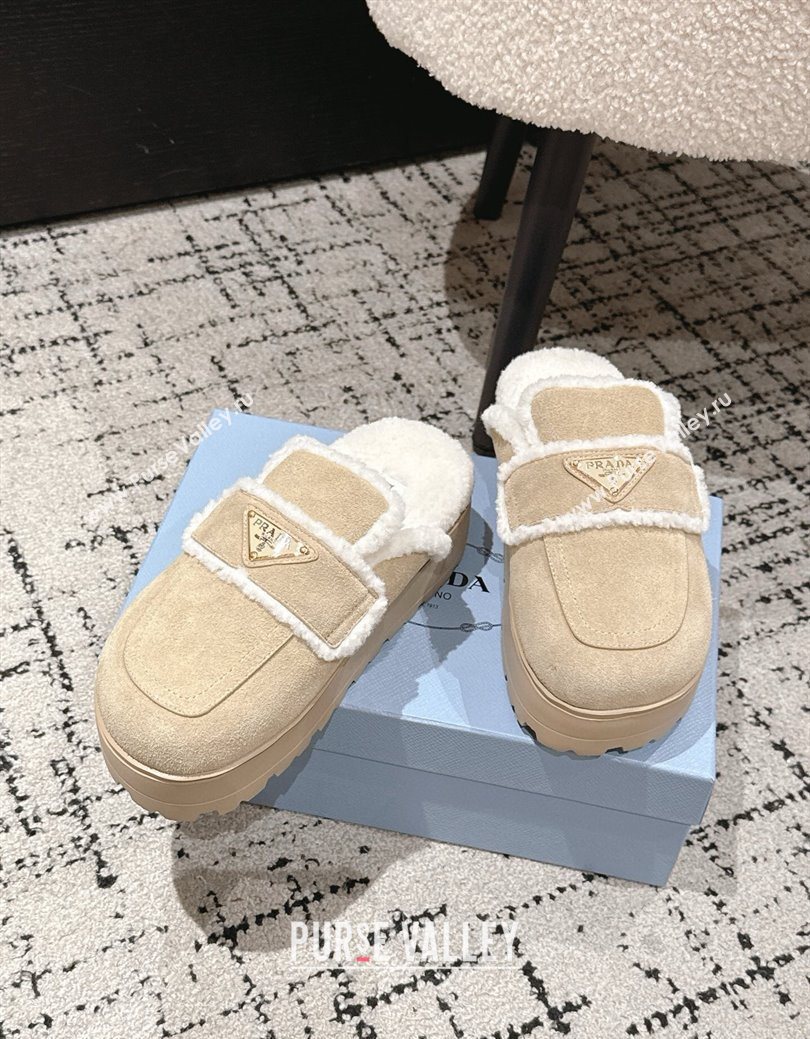 Prada Suede and Shearling Platform Mules 4cm Beige 2025 PR101107 (HQG-251027020)