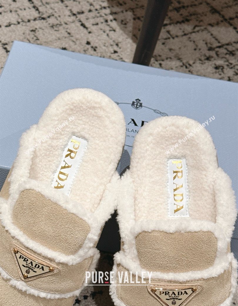 Prada Suede and Shearling Platform Mules 4cm Beige 2025 PR101107 (HQG-251027020)