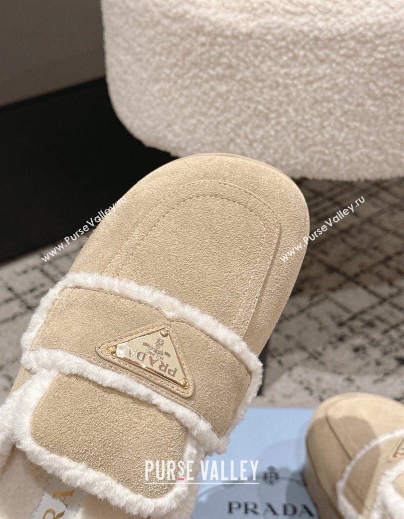 Prada Suede and Shearling Platform Mules 4cm Beige 2025 PR101107 (HQG-251027020)