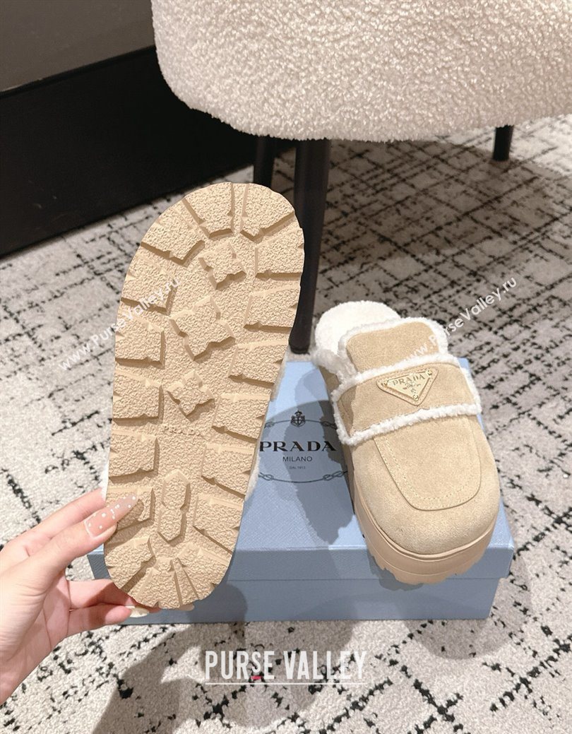 Prada Suede and Shearling Platform Mules 4cm Beige 2025 PR101107 (HQG-251027020)