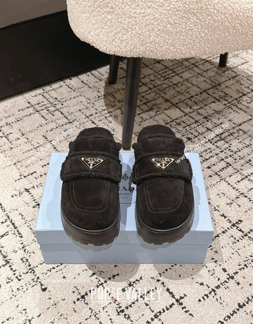 Prada Suede and Shearling Platform Mules 4cm Black 2025 PR101107 (HQG-251027021)