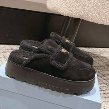 Prada Suede and Shearling Platform Mules 4cm Black 2025 PR101107 (HQG-251027021)