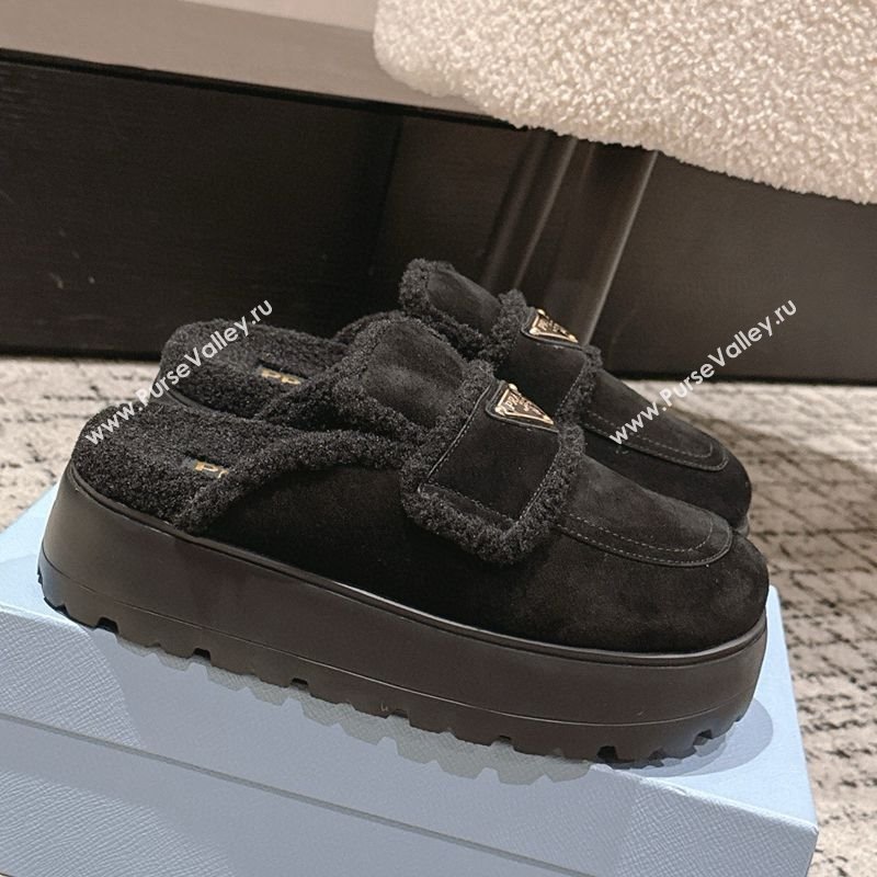 Prada Suede and Shearling Platform Mules 4cm Black 2025 PR101107 (HQG-251027021)