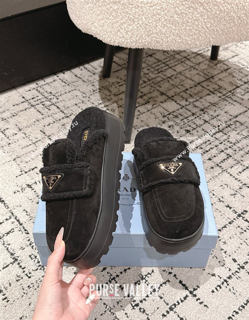 Prada Suede and Shearling Platform Mules 4cm Black 2025 PR101107 (HQG-251027021)