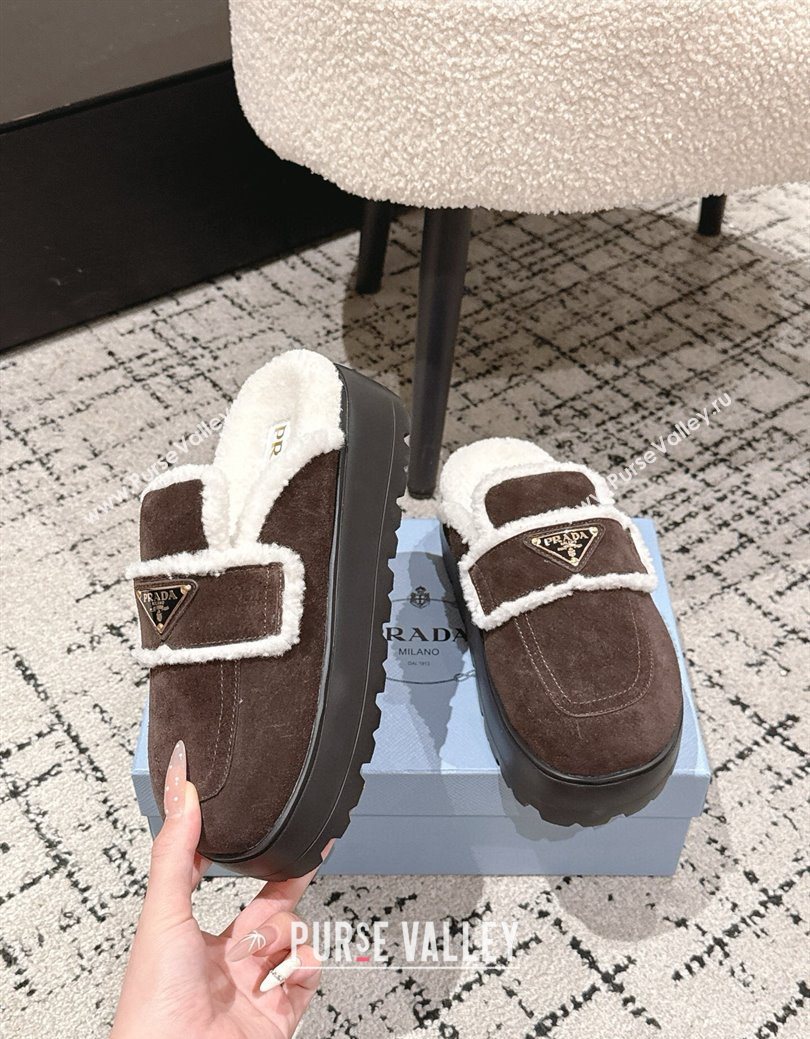 Prada Suede and Shearling Platform Mules 4cm Dark Brown 2025 PR101107 (HQG-251027017)