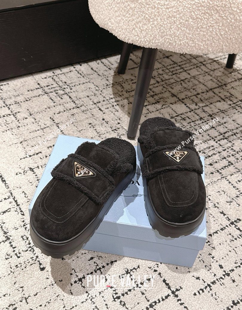 Prada Suede and Shearling Platform Mules 4cm Black 2025 PR101107 (HQG-251027021)