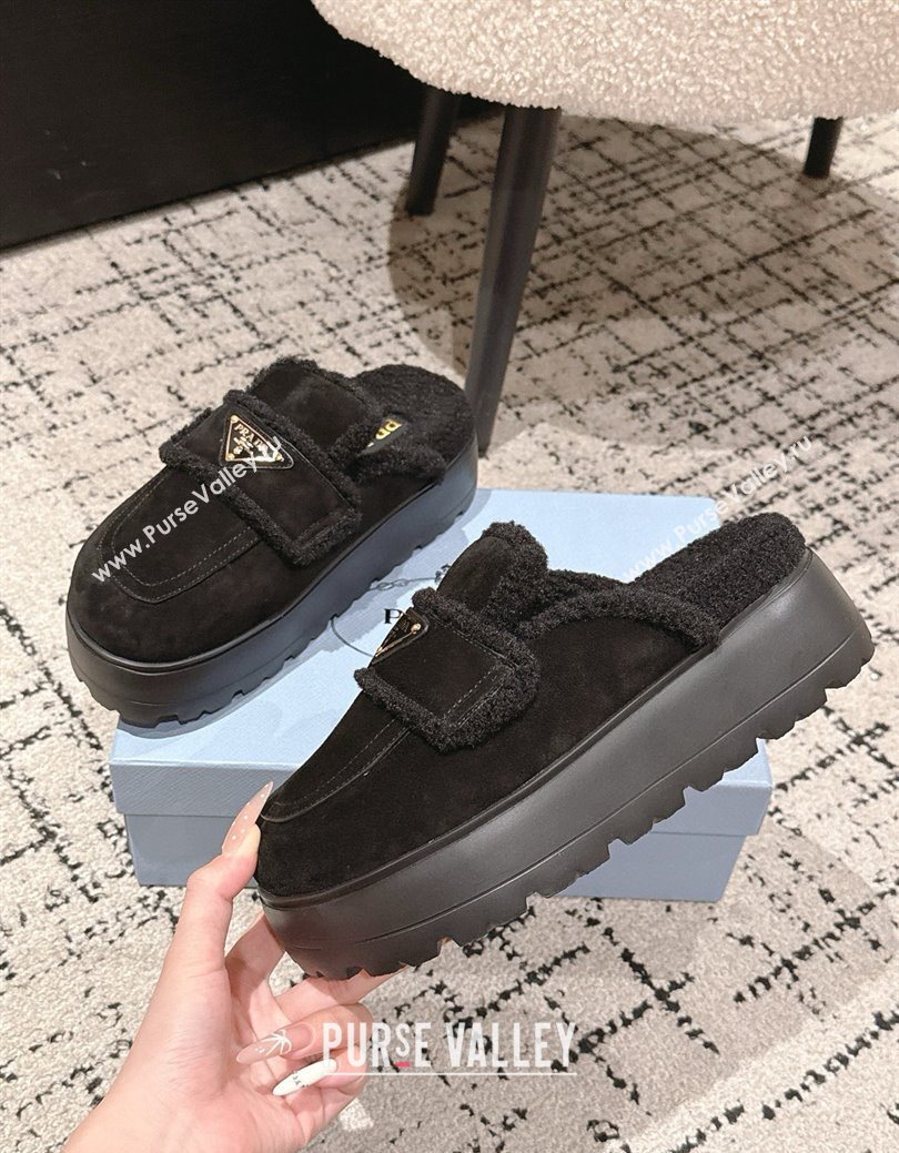 Prada Suede and Shearling Platform Mules 4cm Black 2025 PR101107 (HQG-251027021)