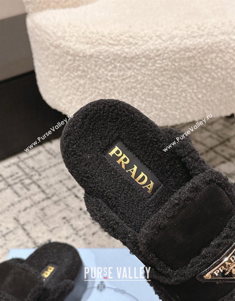 Prada Suede and Shearling Platform Mules 4cm Black 2025 PR101107 (HQG-251027021)
