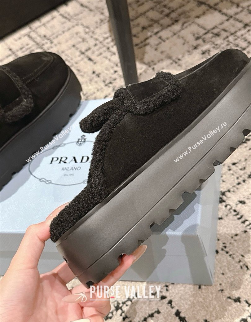 Prada Suede and Shearling Platform Mules 4cm Black 2025 PR101107 (HQG-251027021)