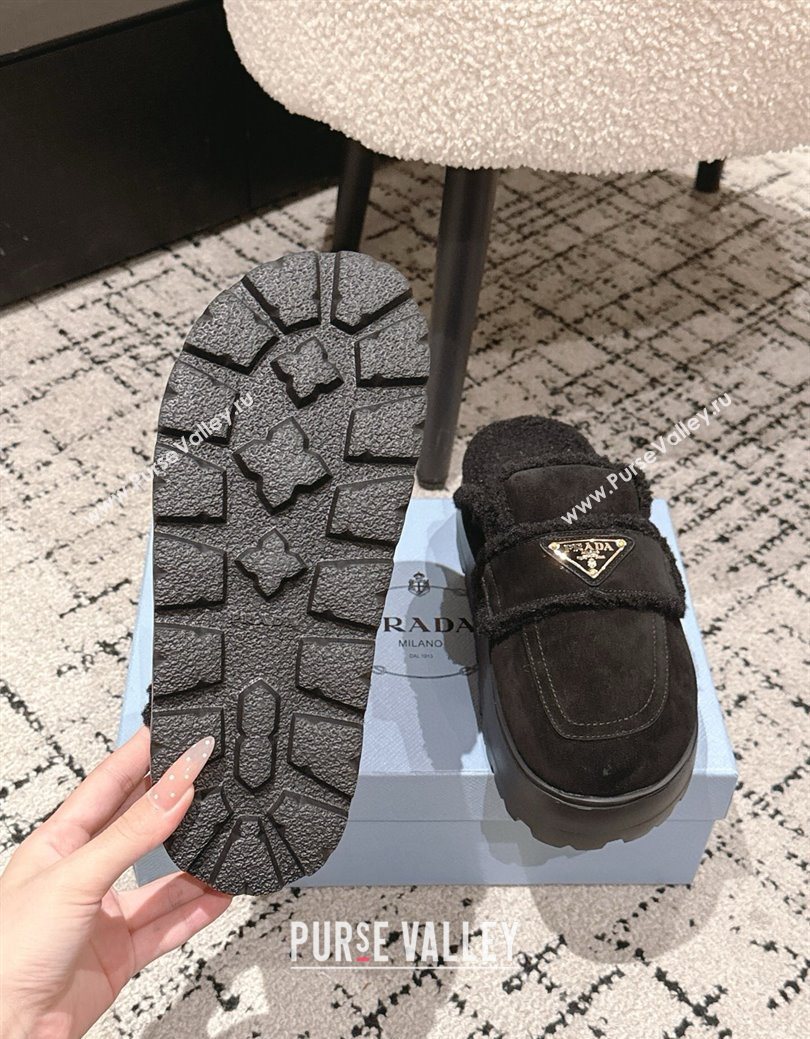 Prada Suede and Shearling Platform Mules 4cm Black 2025 PR101107 (HQG-251027021)