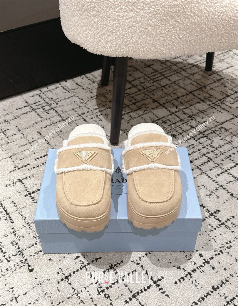 Prada Suede and Shearling Platform Mules 4cm Beige 2025 1XZ778 (HQG-251027012)