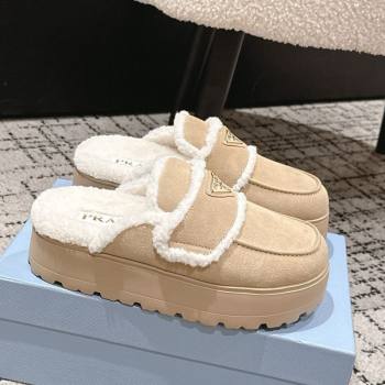 Prada Suede and Shearling Platform Mules 4cm Beige 2025 1XZ778 (HQG-251027012)